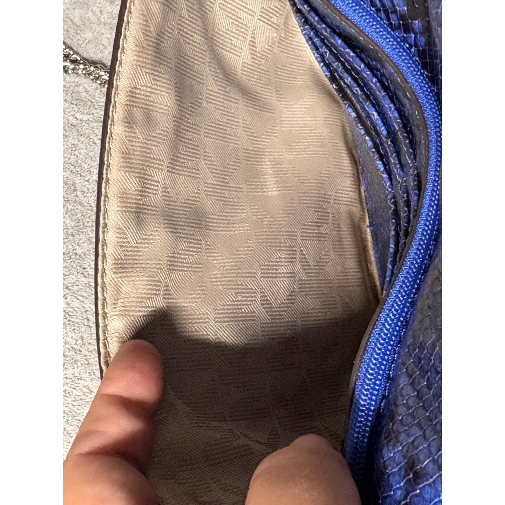 Michael Kors Ellie MD Shoulder Flap Clutch Bag Blue Snake Print Embossed Leather - Picture 10 of 13